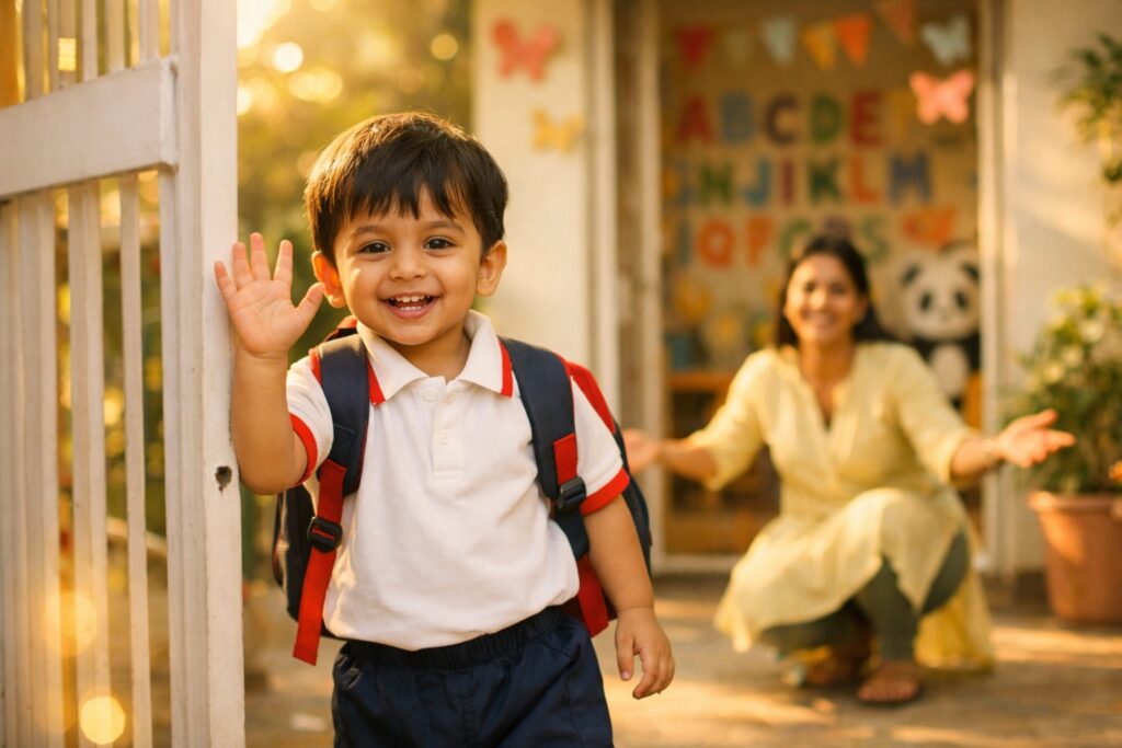 Child saying goodbye to a parents before preschool